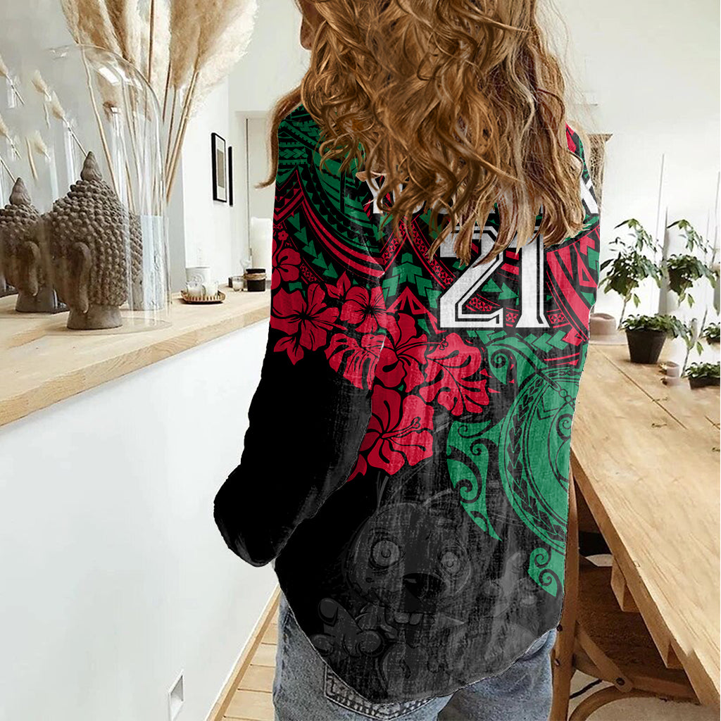 Custom Rabbitohs Rugby Women Casual Shirt Bunnies Hibiscus and Turtle With Polynesian Pattern - Vibe Hoodie Shop