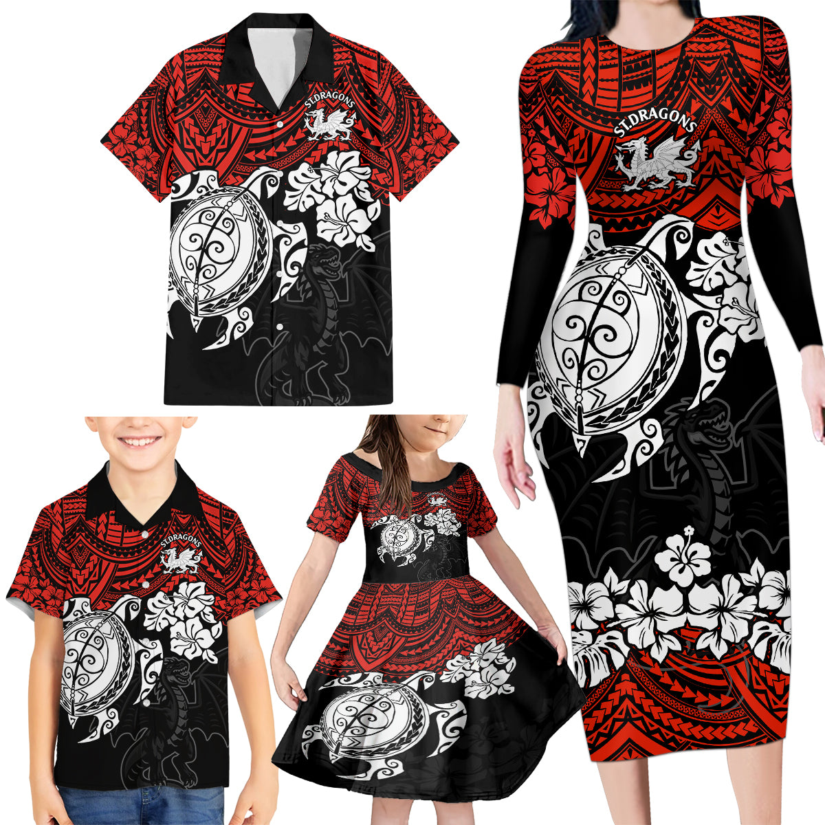 custom-dragons-rugby-family-matching-long-sleeve-bodycon-dress-and-hawaiian-shirt-red-v-hibiscus-and-turtle-with-polynesian-pattern