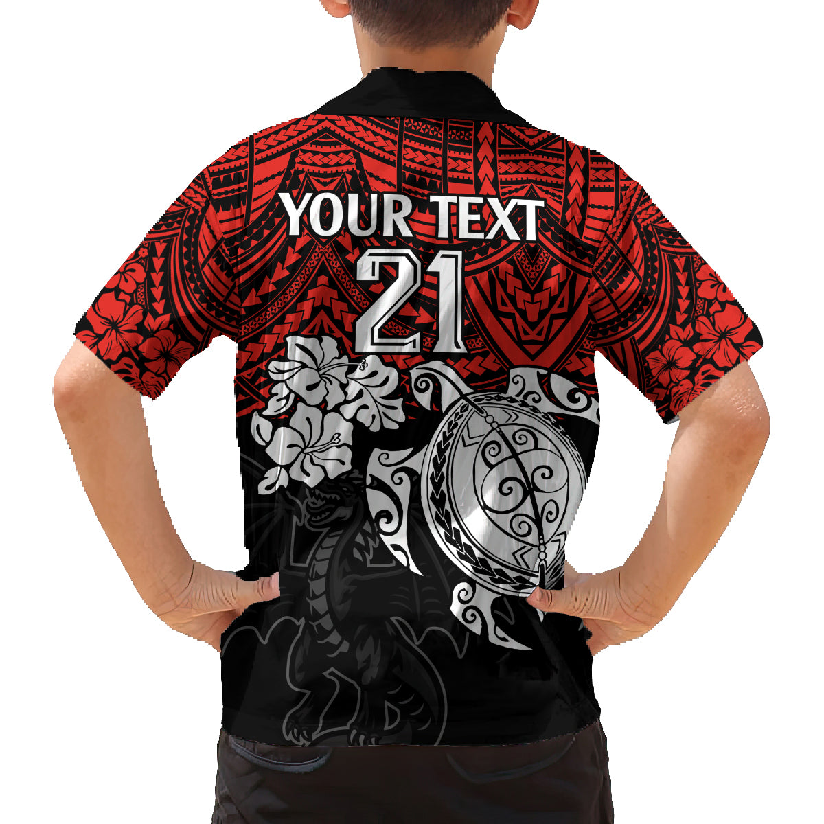 custom-dragons-rugby-family-matching-long-sleeve-bodycon-dress-and-hawaiian-shirt-red-v-hibiscus-and-turtle-with-polynesian-pattern