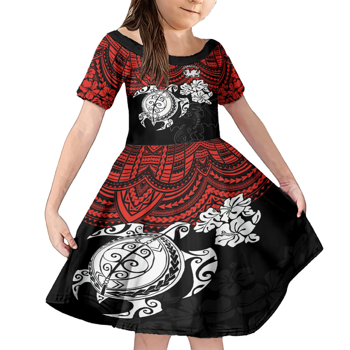 custom-dragons-rugby-family-matching-long-sleeve-bodycon-dress-and-hawaiian-shirt-red-v-hibiscus-and-turtle-with-polynesian-pattern