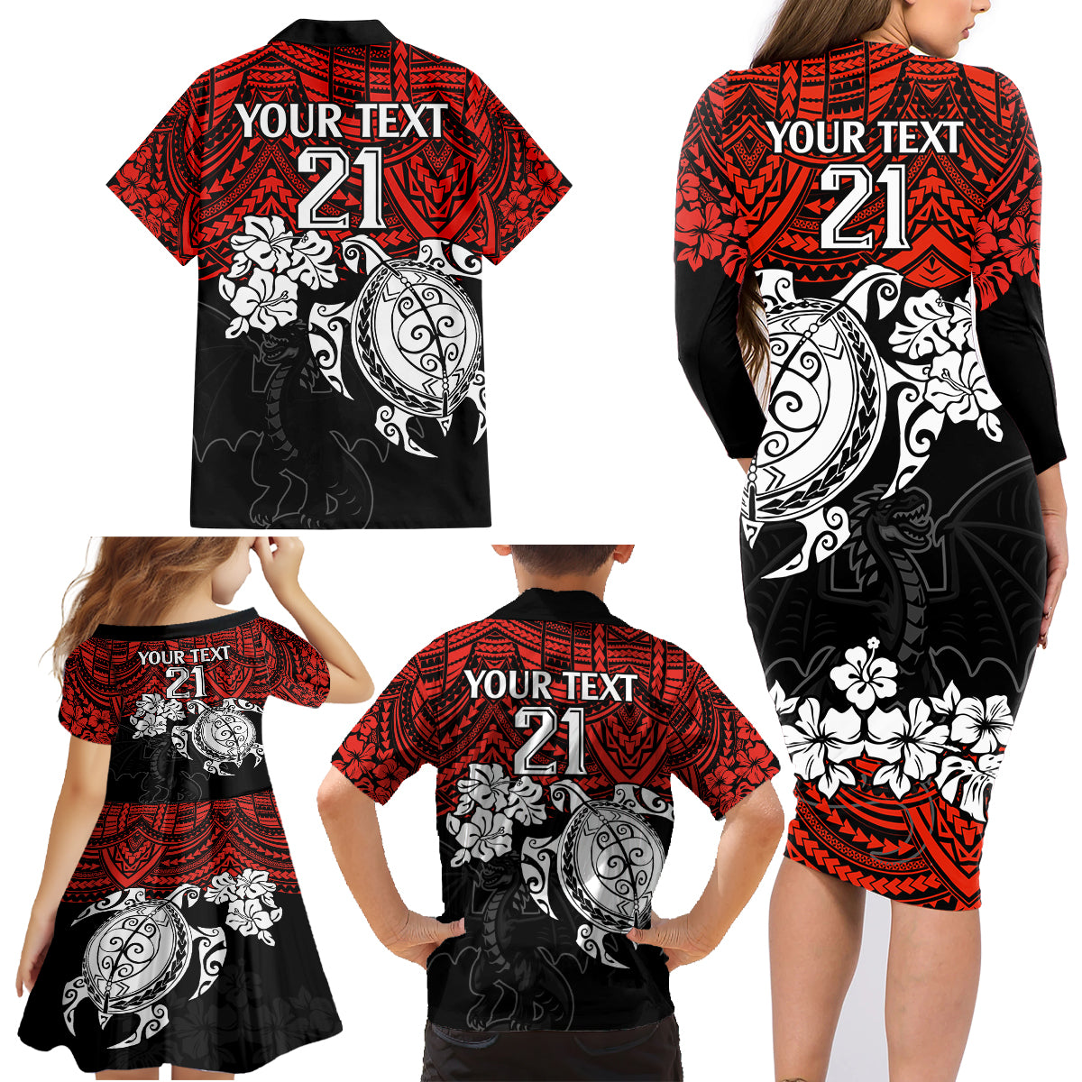 custom-dragons-rugby-family-matching-long-sleeve-bodycon-dress-and-hawaiian-shirt-red-v-hibiscus-and-turtle-with-polynesian-pattern