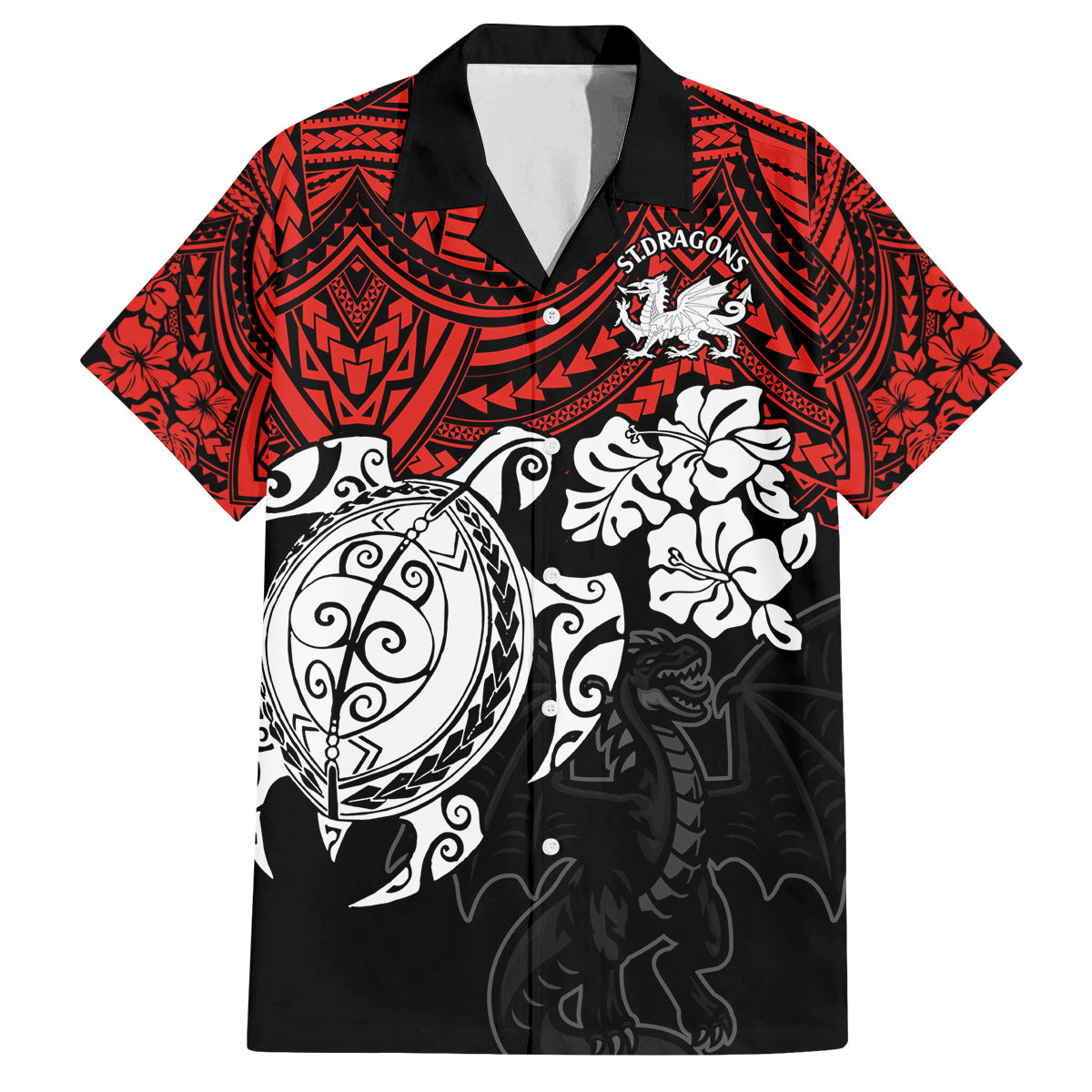 custom-dragons-rugby-family-matching-long-sleeve-bodycon-dress-and-hawaiian-shirt-red-v-hibiscus-and-turtle-with-polynesian-pattern