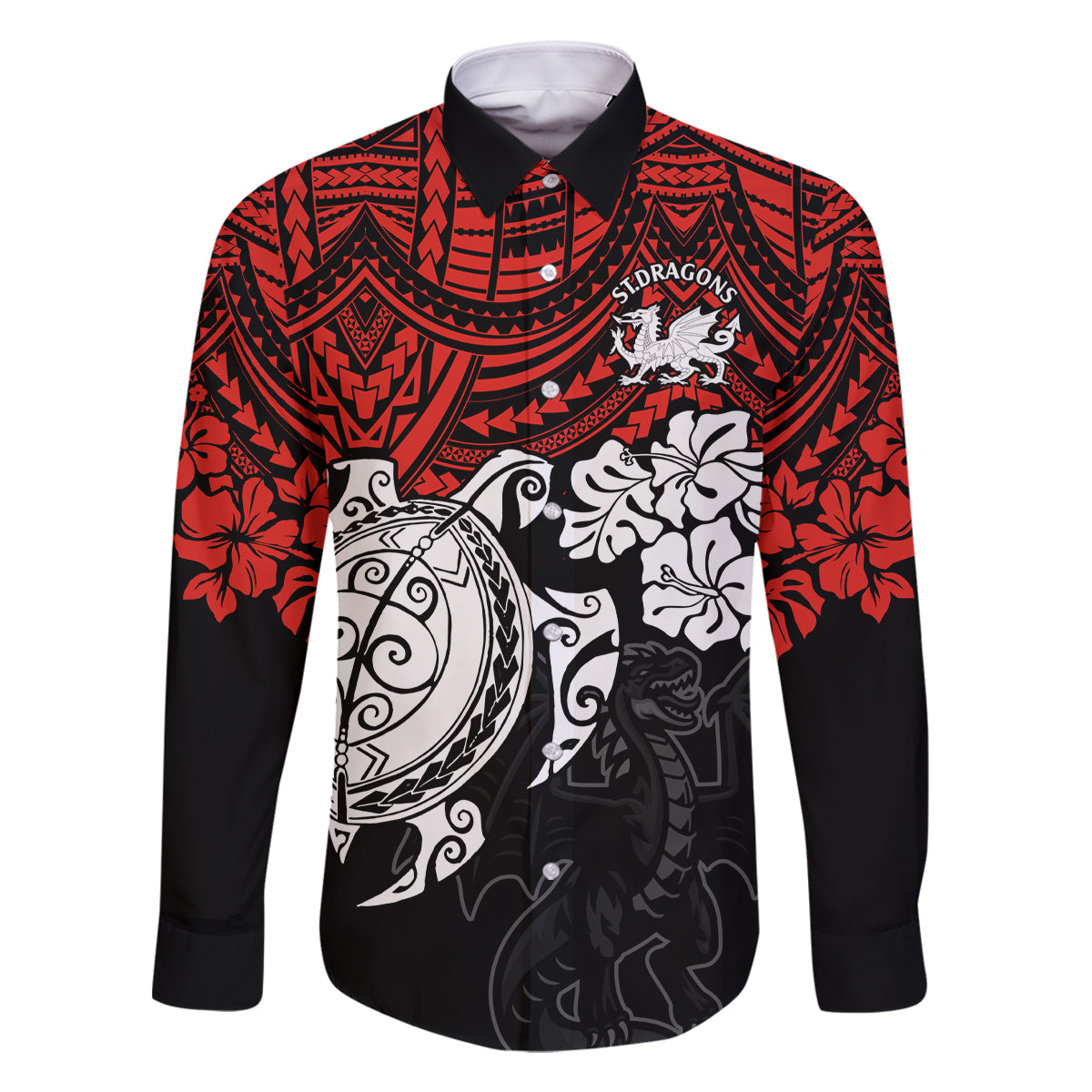 custom-dragons-rugby-family-matching-long-sleeve-bodycon-dress-and-hawaiian-shirt-red-v-hibiscus-and-turtle-with-polynesian-pattern