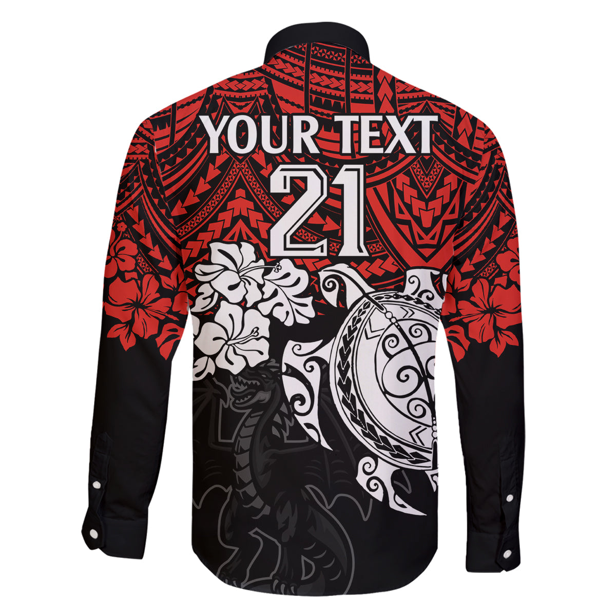 custom-dragons-rugby-family-matching-long-sleeve-bodycon-dress-and-hawaiian-shirt-red-v-hibiscus-and-turtle-with-polynesian-pattern