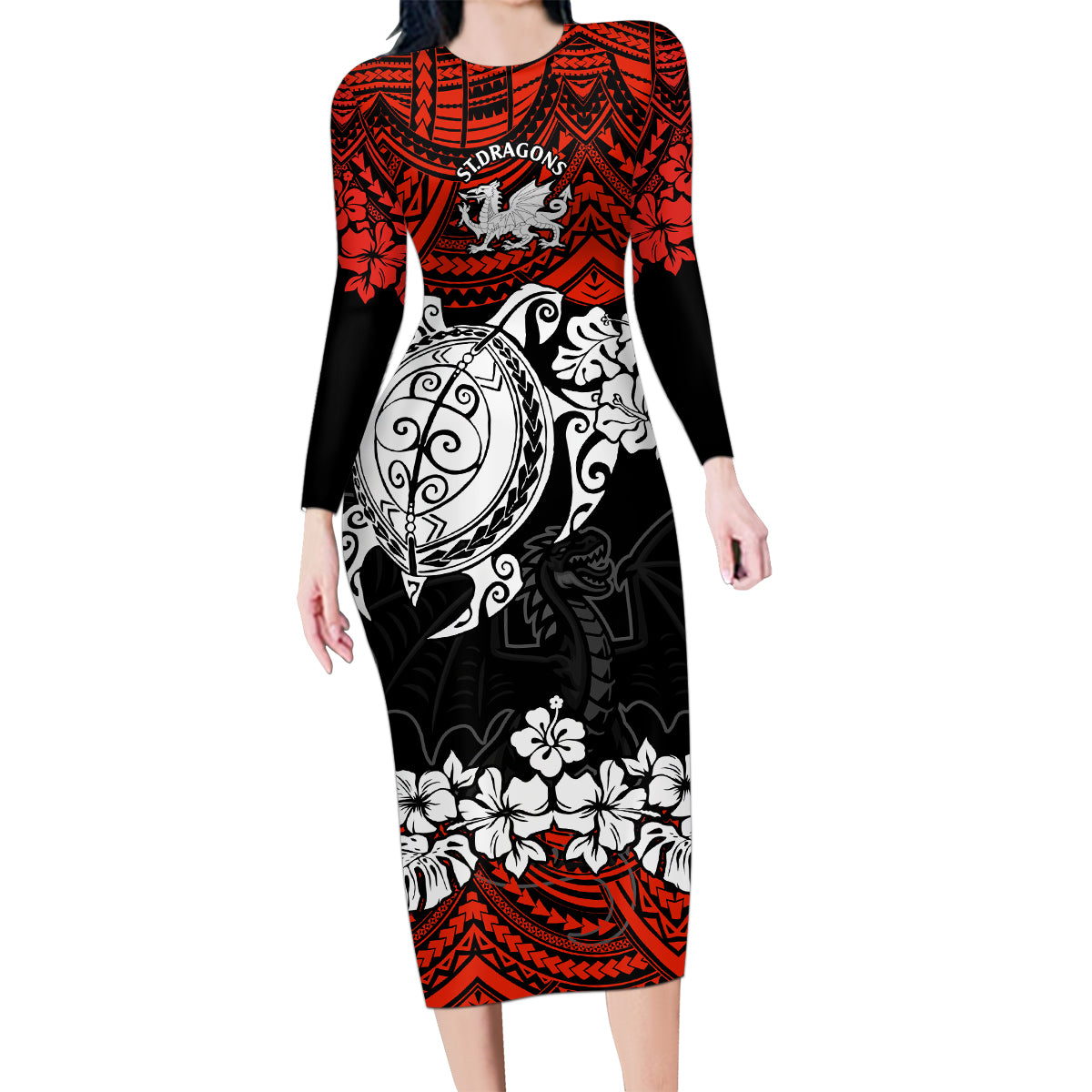 custom-dragons-rugby-family-matching-long-sleeve-bodycon-dress-and-hawaiian-shirt-red-v-hibiscus-and-turtle-with-polynesian-pattern