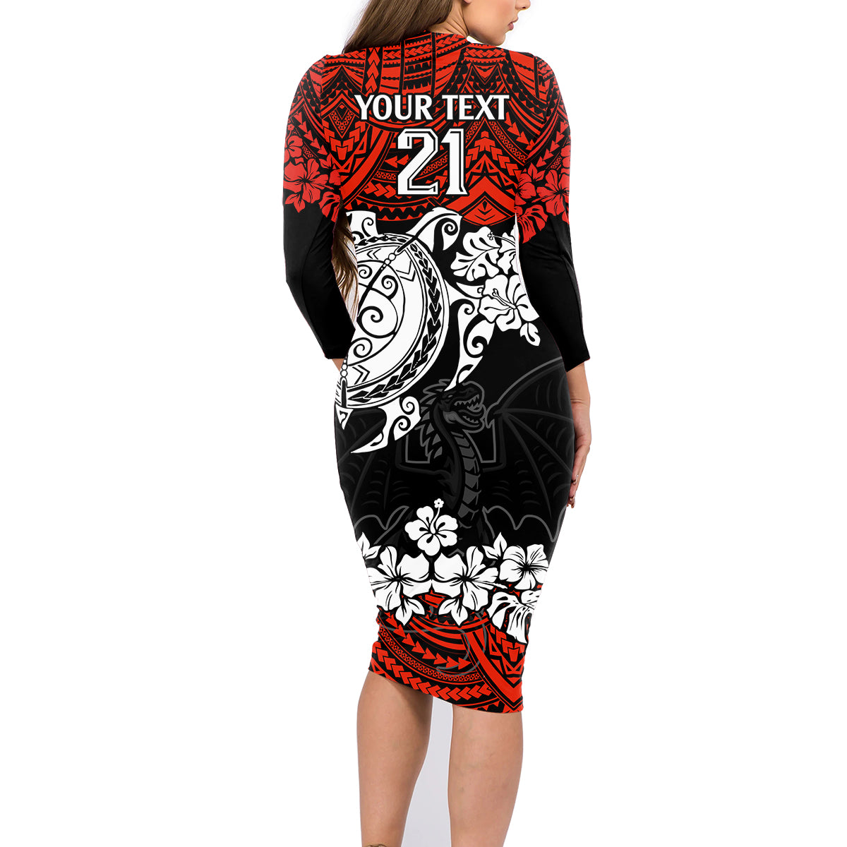 custom-dragons-rugby-family-matching-long-sleeve-bodycon-dress-and-hawaiian-shirt-red-v-hibiscus-and-turtle-with-polynesian-pattern