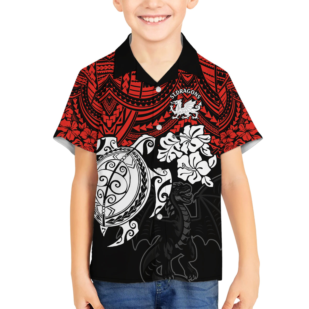 custom-dragons-rugby-family-matching-long-sleeve-bodycon-dress-and-hawaiian-shirt-red-v-hibiscus-and-turtle-with-polynesian-pattern