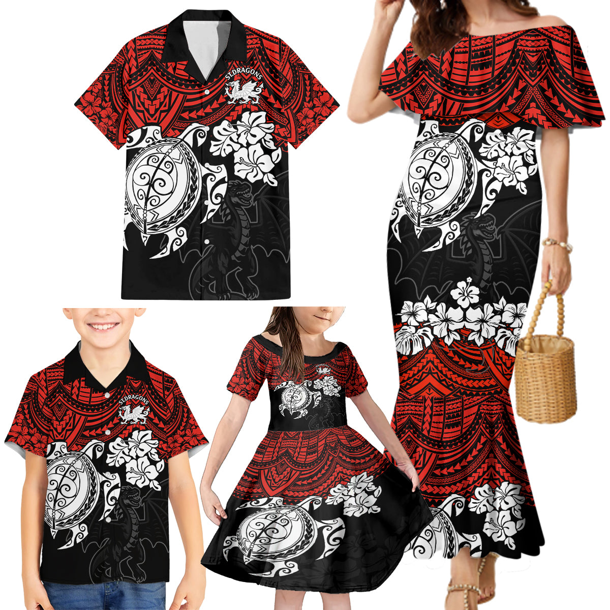 custom-dragons-rugby-family-matching-mermaid-dress-and-hawaiian-shirt-red-v-hibiscus-and-turtle-with-polynesian-pattern