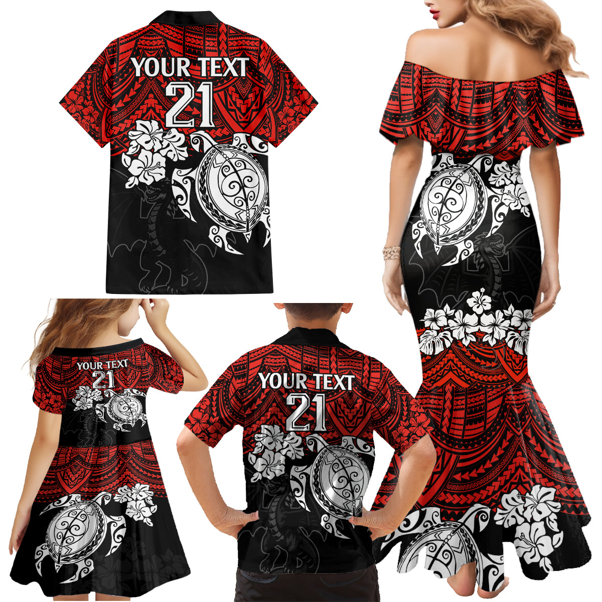 custom-dragons-rugby-family-matching-mermaid-dress-and-hawaiian-shirt-red-v-hibiscus-and-turtle-with-polynesian-pattern