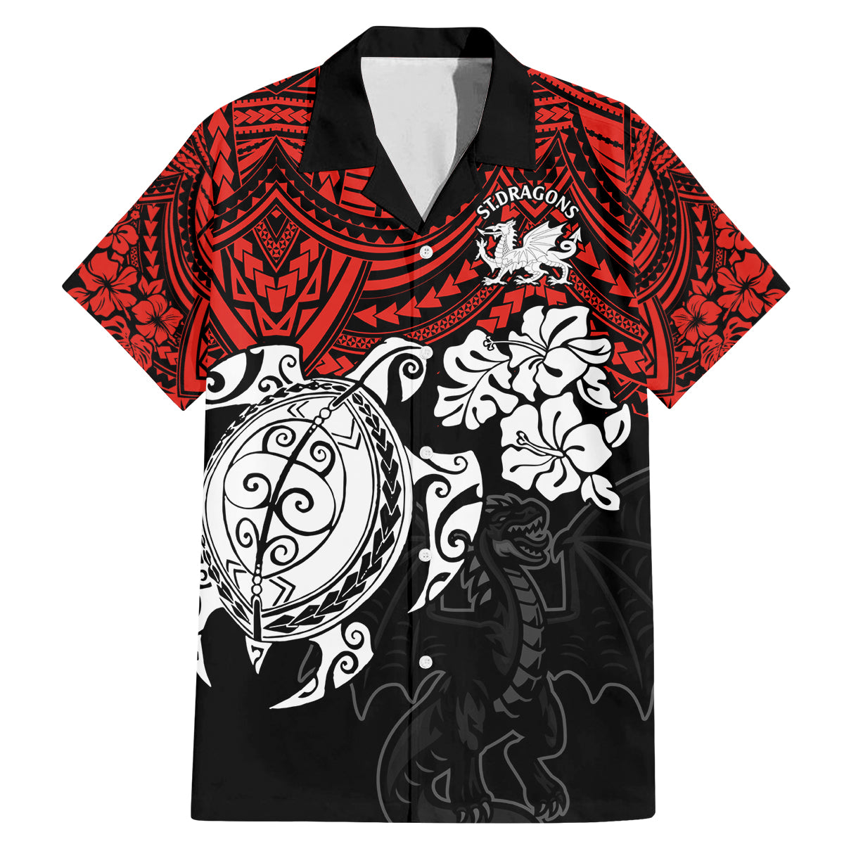 custom-dragons-rugby-family-matching-mermaid-dress-and-hawaiian-shirt-red-v-hibiscus-and-turtle-with-polynesian-pattern