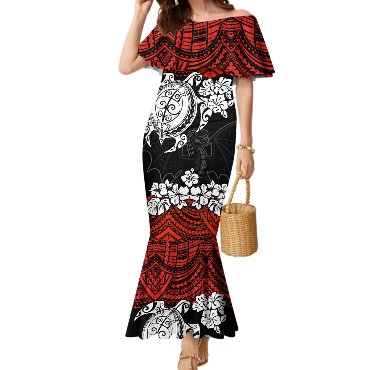 custom-dragons-rugby-family-matching-mermaid-dress-and-hawaiian-shirt-red-v-hibiscus-and-turtle-with-polynesian-pattern