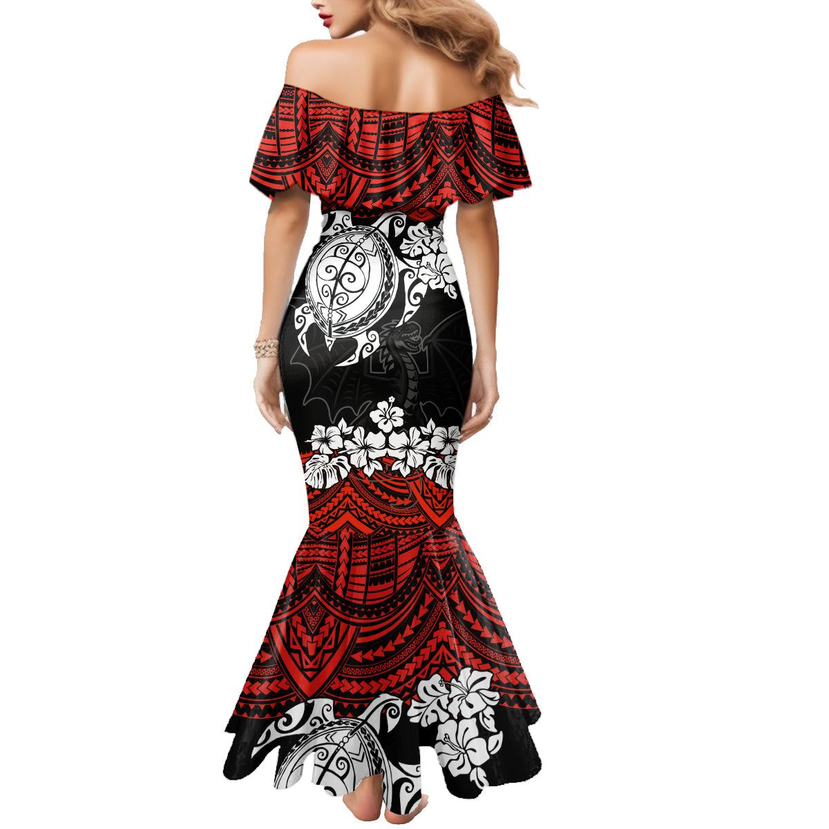 custom-dragons-rugby-family-matching-mermaid-dress-and-hawaiian-shirt-red-v-hibiscus-and-turtle-with-polynesian-pattern