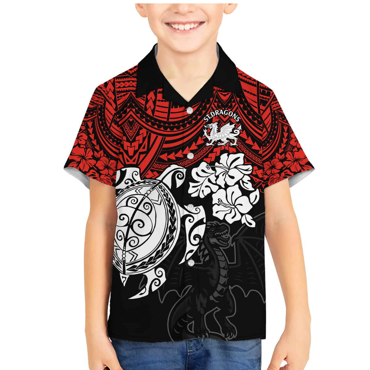 custom-dragons-rugby-family-matching-mermaid-dress-and-hawaiian-shirt-red-v-hibiscus-and-turtle-with-polynesian-pattern