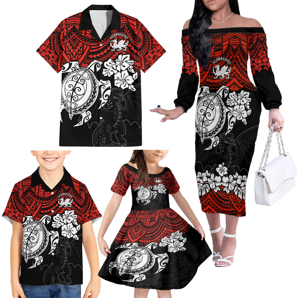 custom-dragons-rugby-family-matching-off-shoulder-long-sleeve-dress-and-hawaiian-shirt-red-v-hibiscus-and-turtle-with-polynesian-pattern