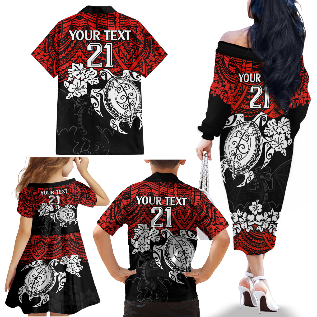 custom-dragons-rugby-family-matching-off-shoulder-long-sleeve-dress-and-hawaiian-shirt-red-v-hibiscus-and-turtle-with-polynesian-pattern