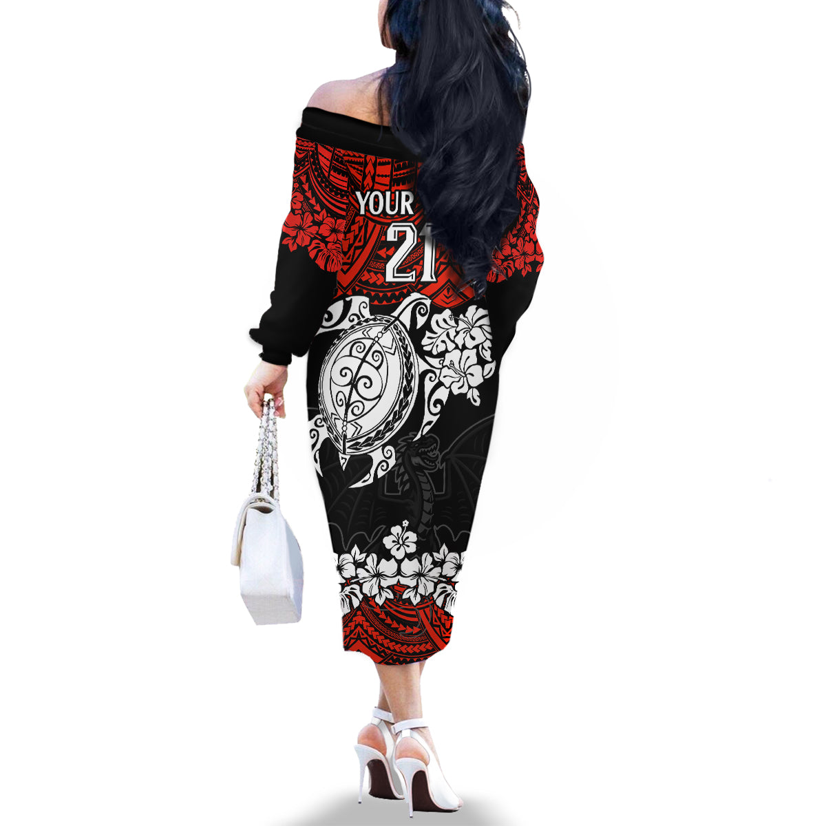 custom-dragons-rugby-family-matching-off-shoulder-long-sleeve-dress-and-hawaiian-shirt-red-v-hibiscus-and-turtle-with-polynesian-pattern