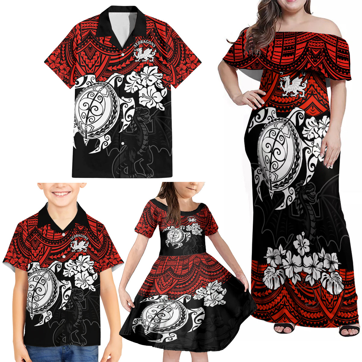 custom-dragons-rugby-family-matching-off-shoulder-maxi-dress-and-hawaiian-shirt-red-v-hibiscus-and-turtle-with-polynesian-pattern