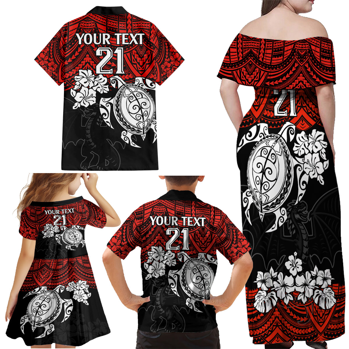 custom-dragons-rugby-family-matching-off-shoulder-maxi-dress-and-hawaiian-shirt-red-v-hibiscus-and-turtle-with-polynesian-pattern