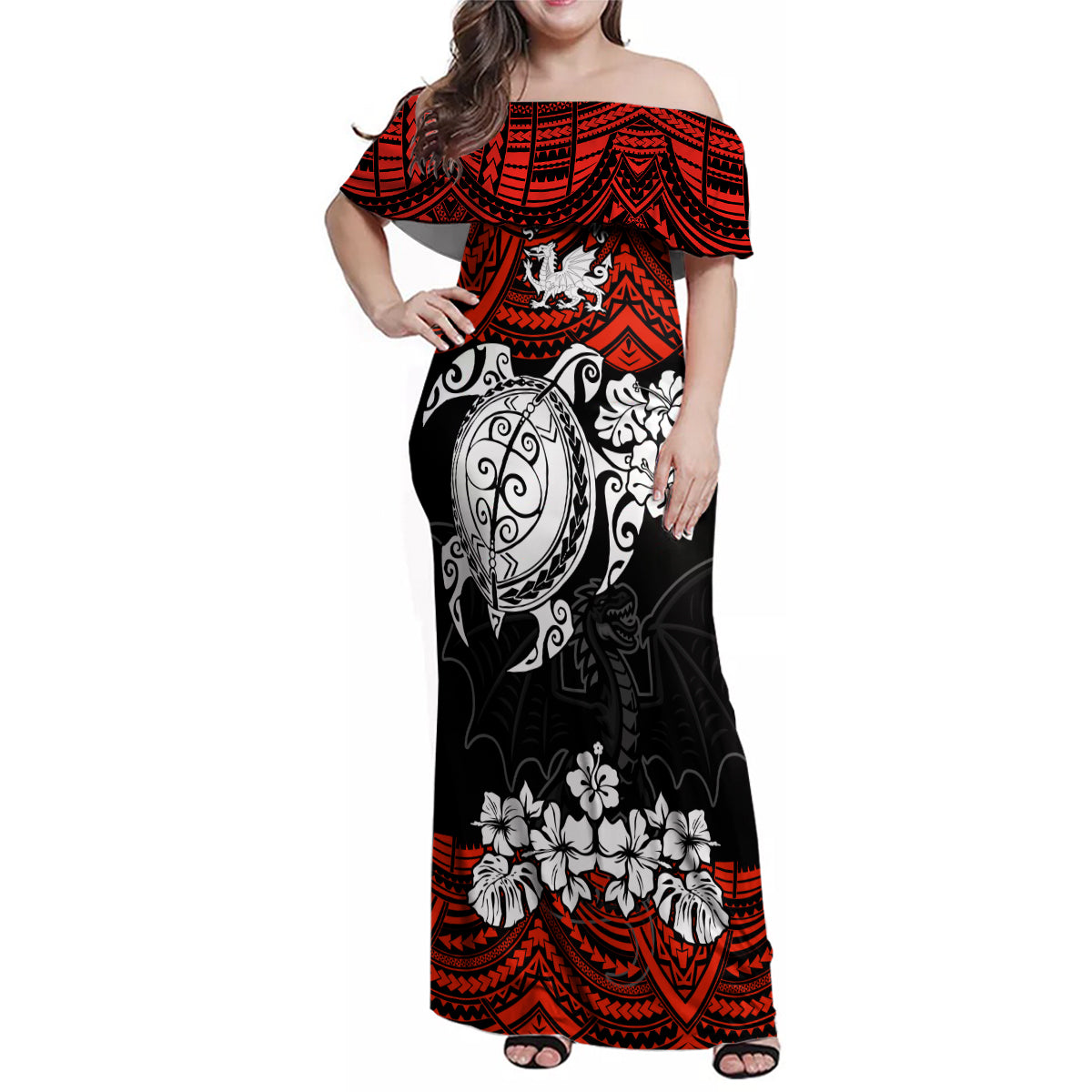 custom-dragons-rugby-family-matching-off-shoulder-maxi-dress-and-hawaiian-shirt-red-v-hibiscus-and-turtle-with-polynesian-pattern