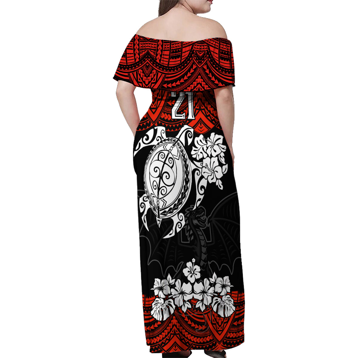 custom-dragons-rugby-family-matching-off-shoulder-maxi-dress-and-hawaiian-shirt-red-v-hibiscus-and-turtle-with-polynesian-pattern