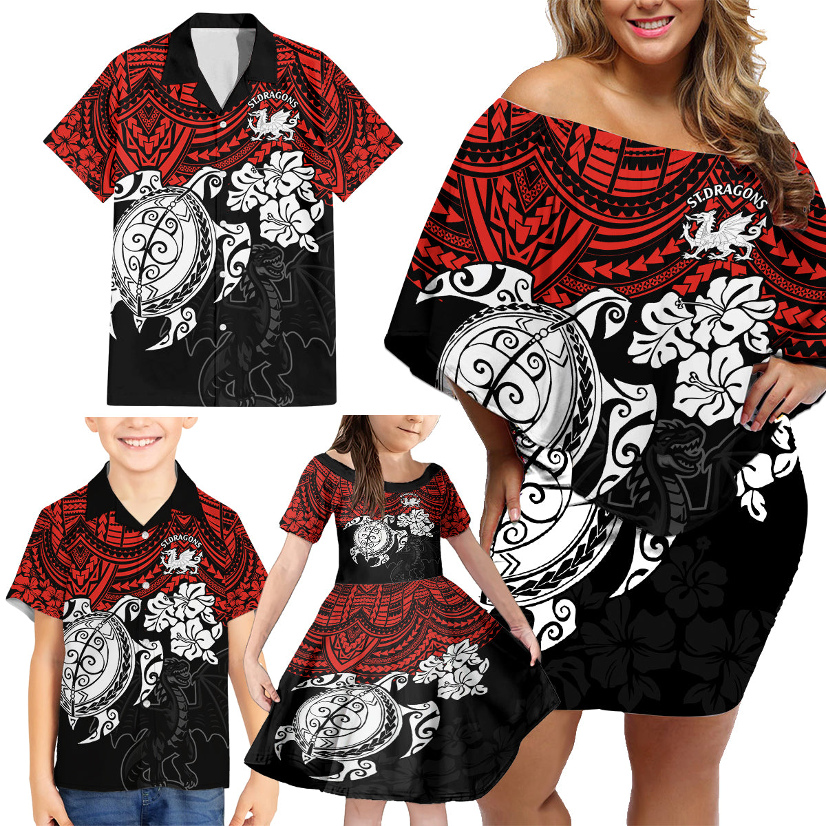 custom-dragons-rugby-family-matching-off-shoulder-short-dress-and-hawaiian-shirt-red-v-hibiscus-and-turtle-with-polynesian-pattern