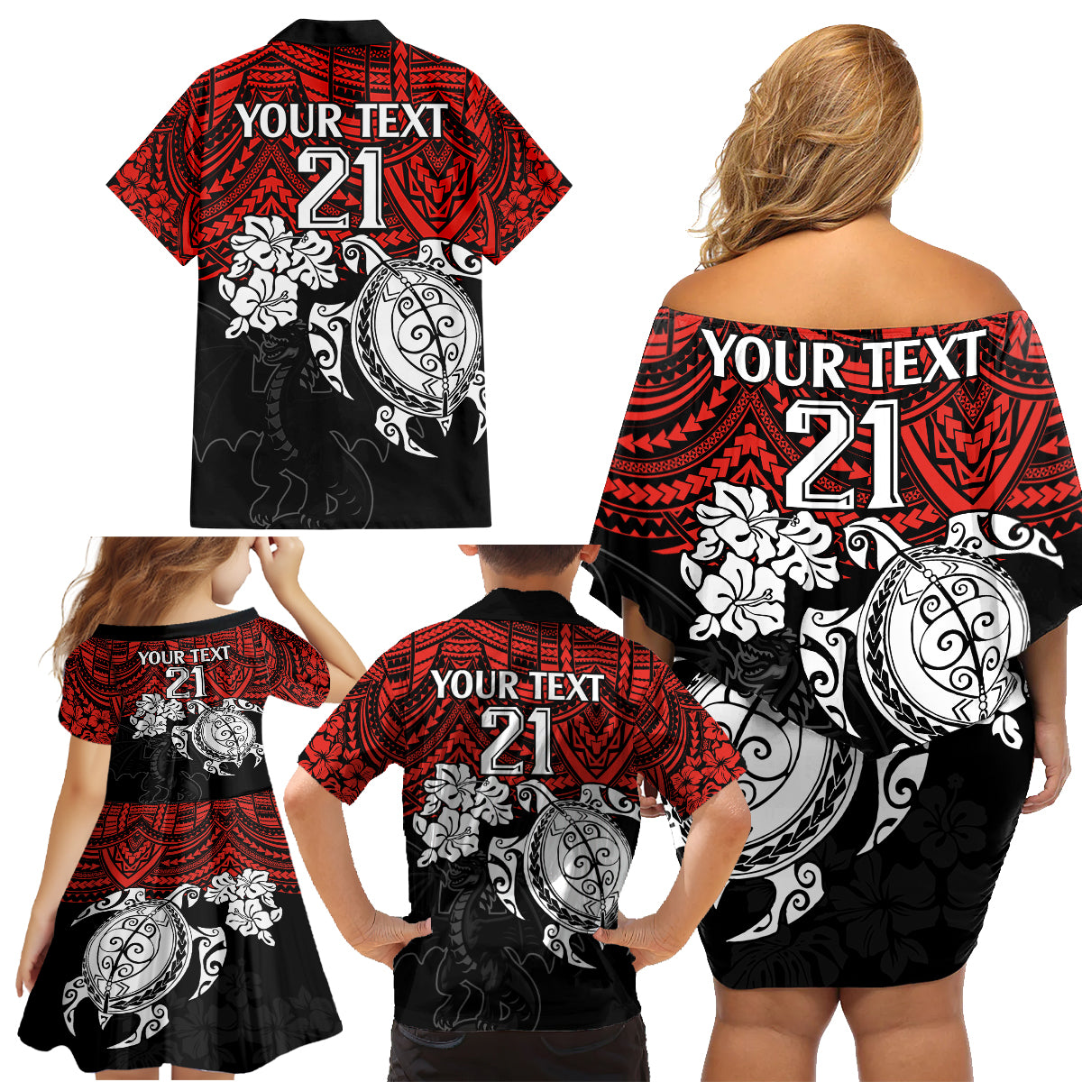 custom-dragons-rugby-family-matching-off-shoulder-short-dress-and-hawaiian-shirt-red-v-hibiscus-and-turtle-with-polynesian-pattern