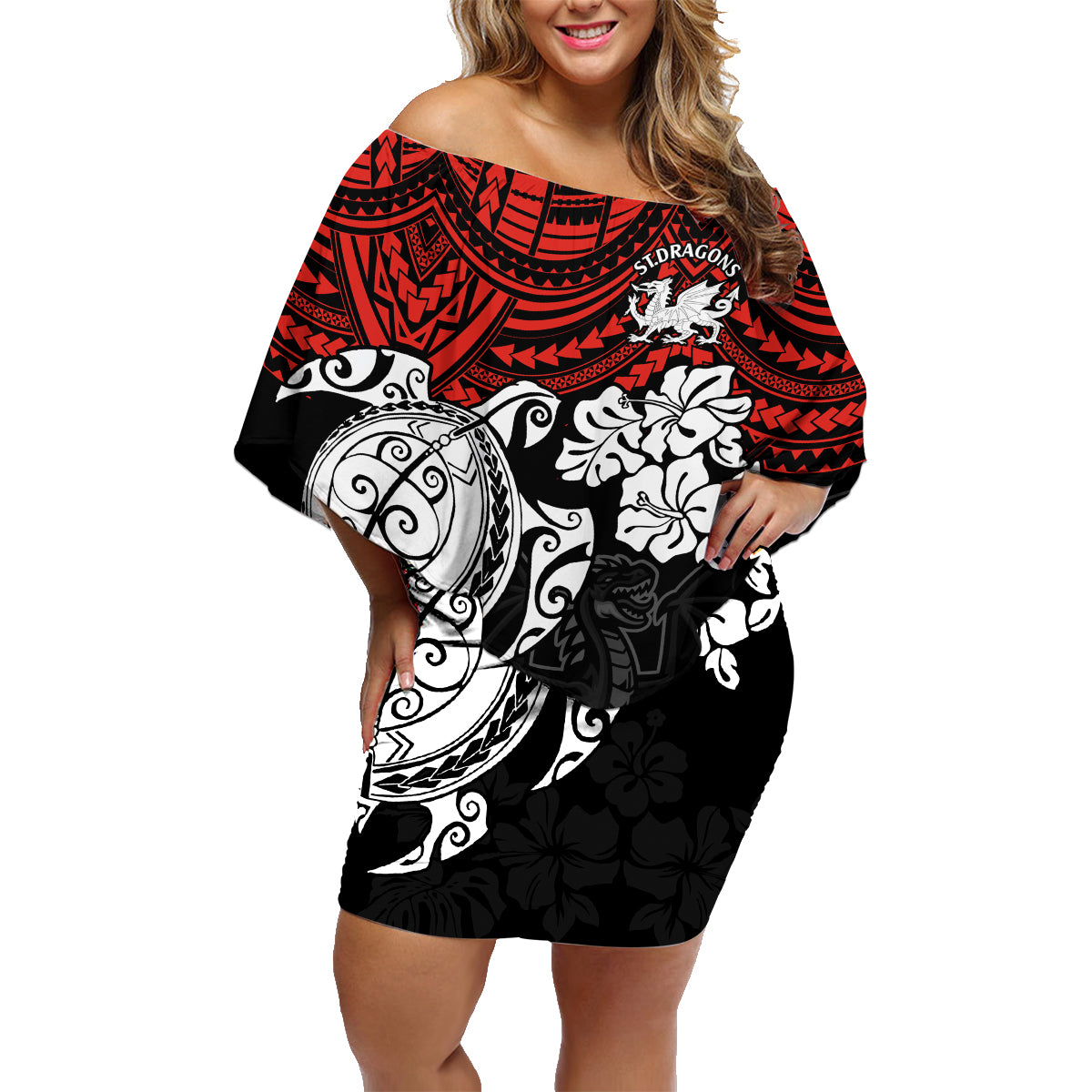 custom-dragons-rugby-family-matching-off-shoulder-short-dress-and-hawaiian-shirt-red-v-hibiscus-and-turtle-with-polynesian-pattern