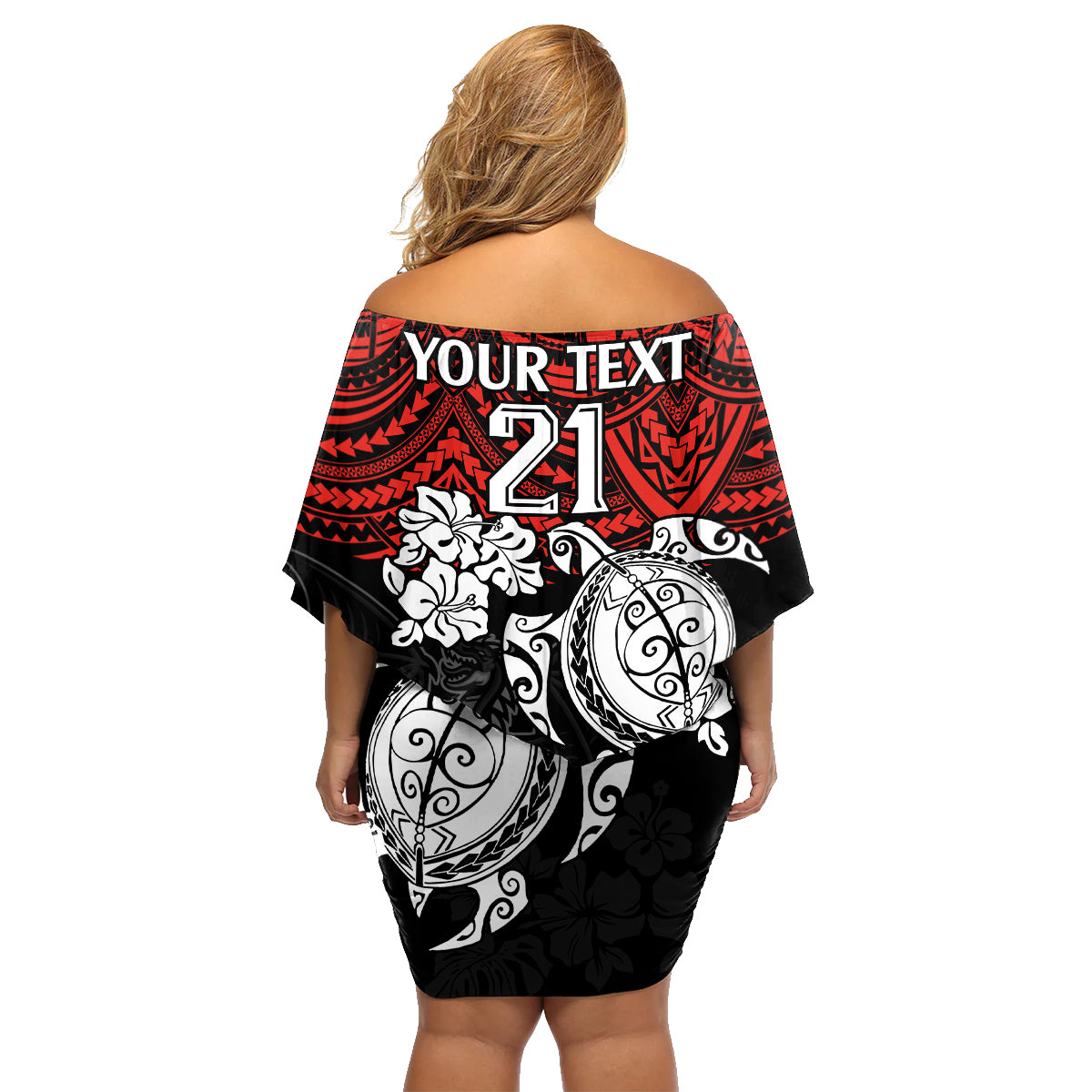 custom-dragons-rugby-family-matching-off-shoulder-short-dress-and-hawaiian-shirt-red-v-hibiscus-and-turtle-with-polynesian-pattern