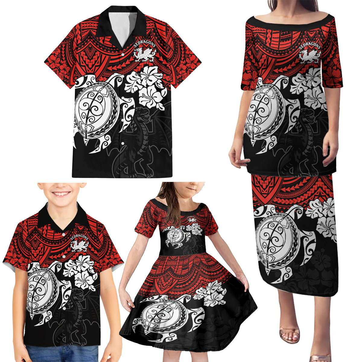 custom-dragons-rugby-family-matching-puletasi-dress-and-hawaiian-shirt-red-v-hibiscus-and-turtle-with-polynesian-pattern