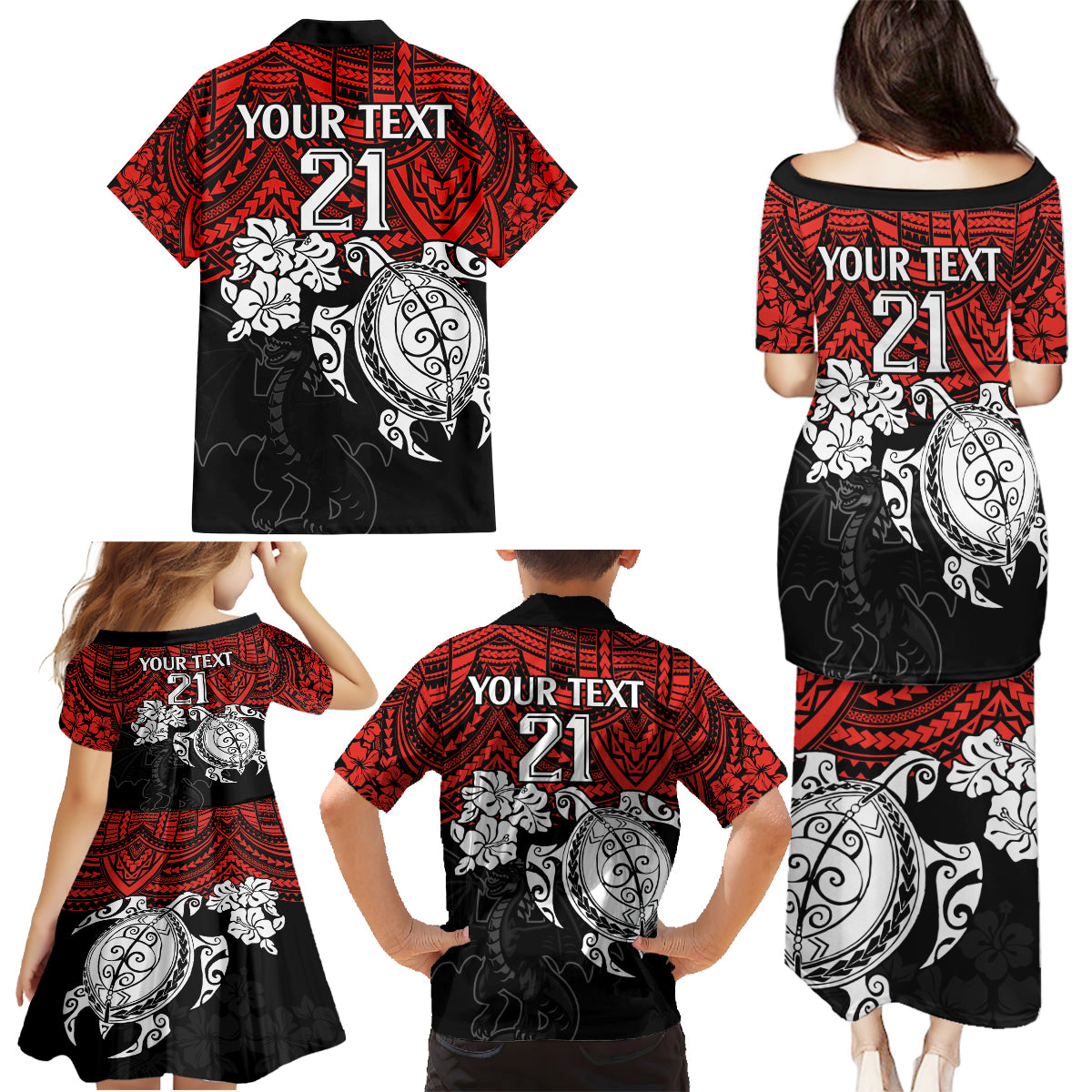 custom-dragons-rugby-family-matching-puletasi-dress-and-hawaiian-shirt-red-v-hibiscus-and-turtle-with-polynesian-pattern