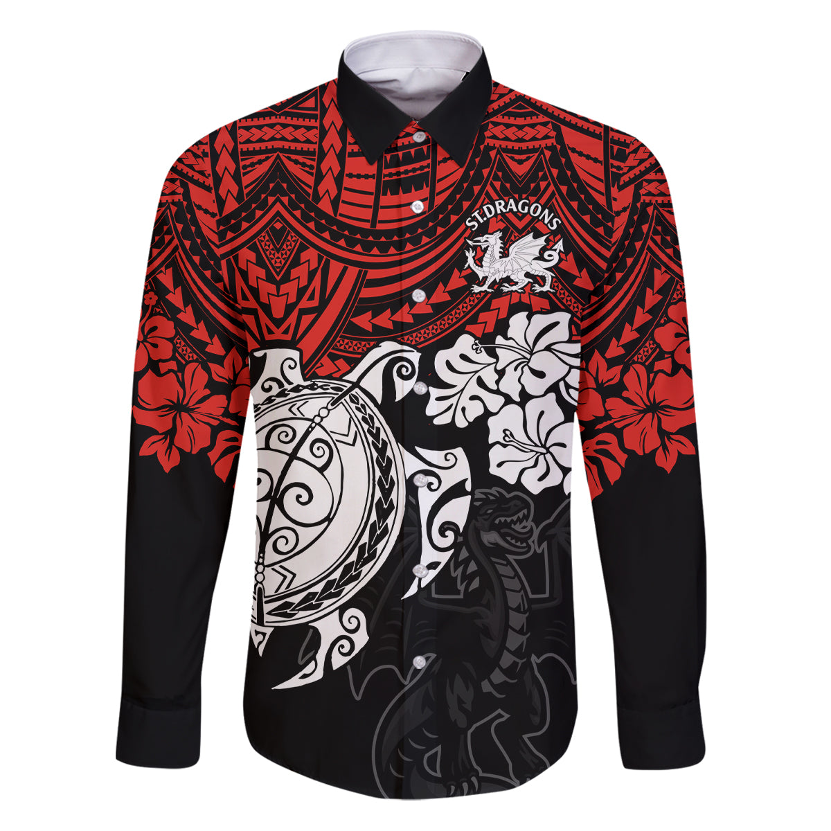 custom-dragons-rugby-family-matching-puletasi-dress-and-hawaiian-shirt-red-v-hibiscus-and-turtle-with-polynesian-pattern