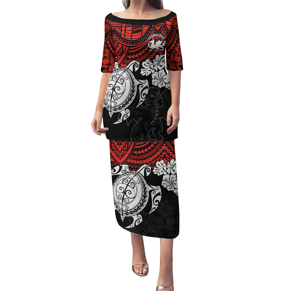 custom-dragons-rugby-family-matching-puletasi-dress-and-hawaiian-shirt-red-v-hibiscus-and-turtle-with-polynesian-pattern