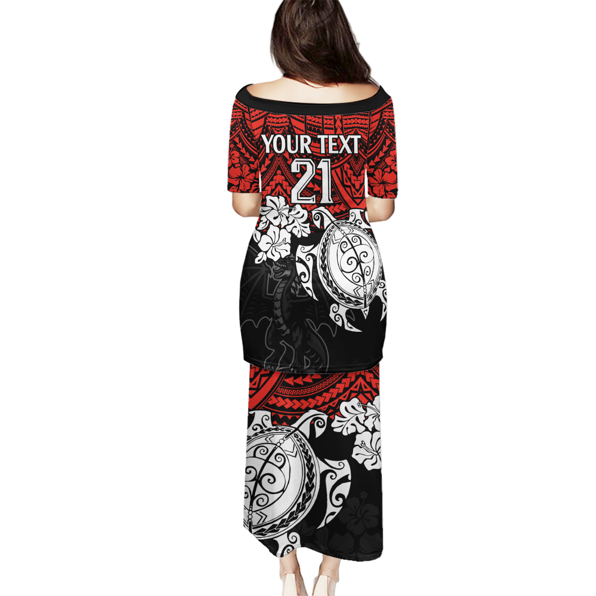 custom-dragons-rugby-family-matching-puletasi-dress-and-hawaiian-shirt-red-v-hibiscus-and-turtle-with-polynesian-pattern