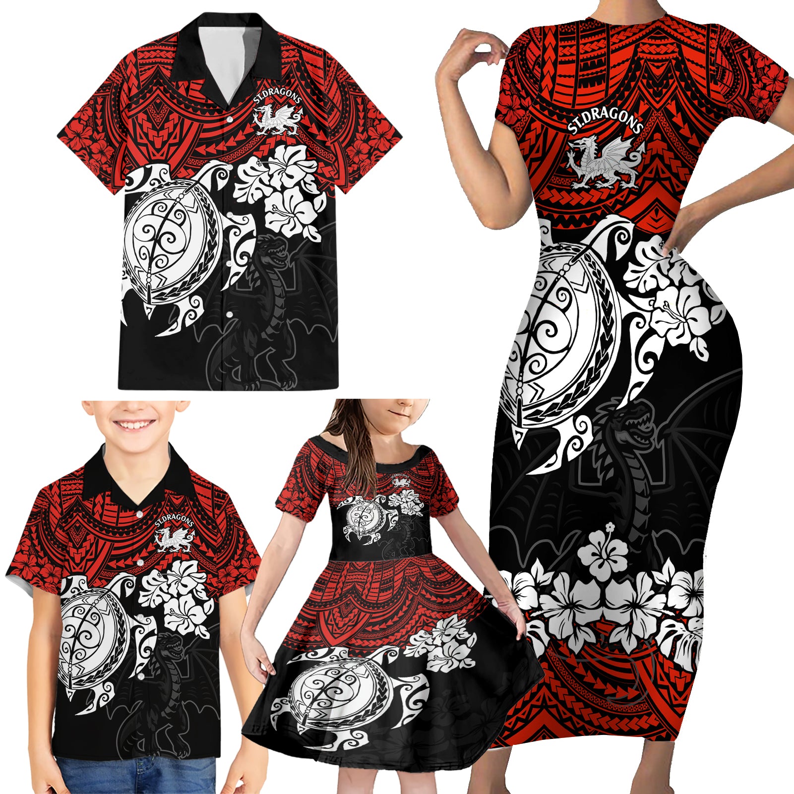 custom-dragons-rugby-family-matching-short-sleeve-bodycon-dress-and-hawaiian-shirt-red-v-hibiscus-and-turtle-with-polynesian-pattern