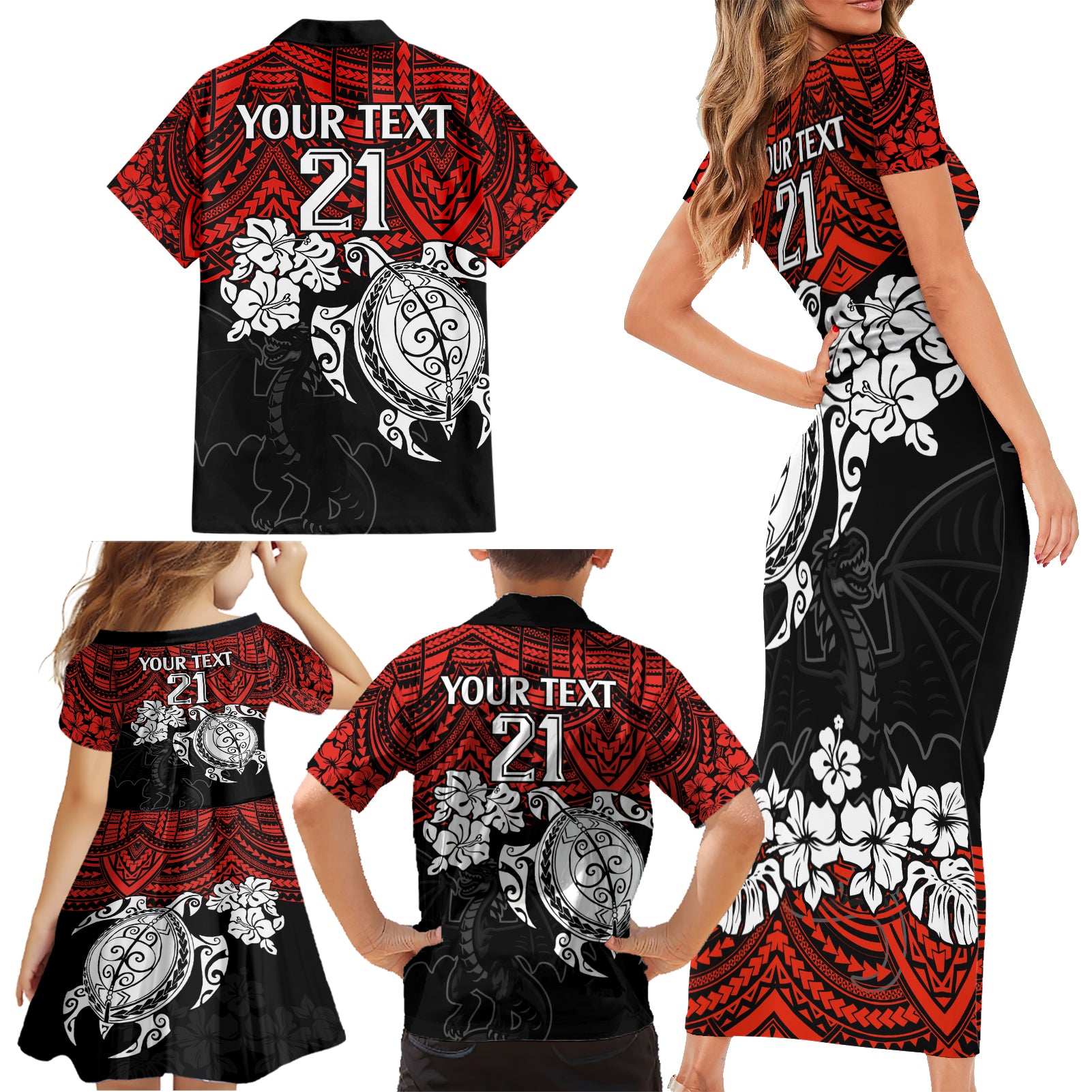 custom-dragons-rugby-family-matching-short-sleeve-bodycon-dress-and-hawaiian-shirt-red-v-hibiscus-and-turtle-with-polynesian-pattern