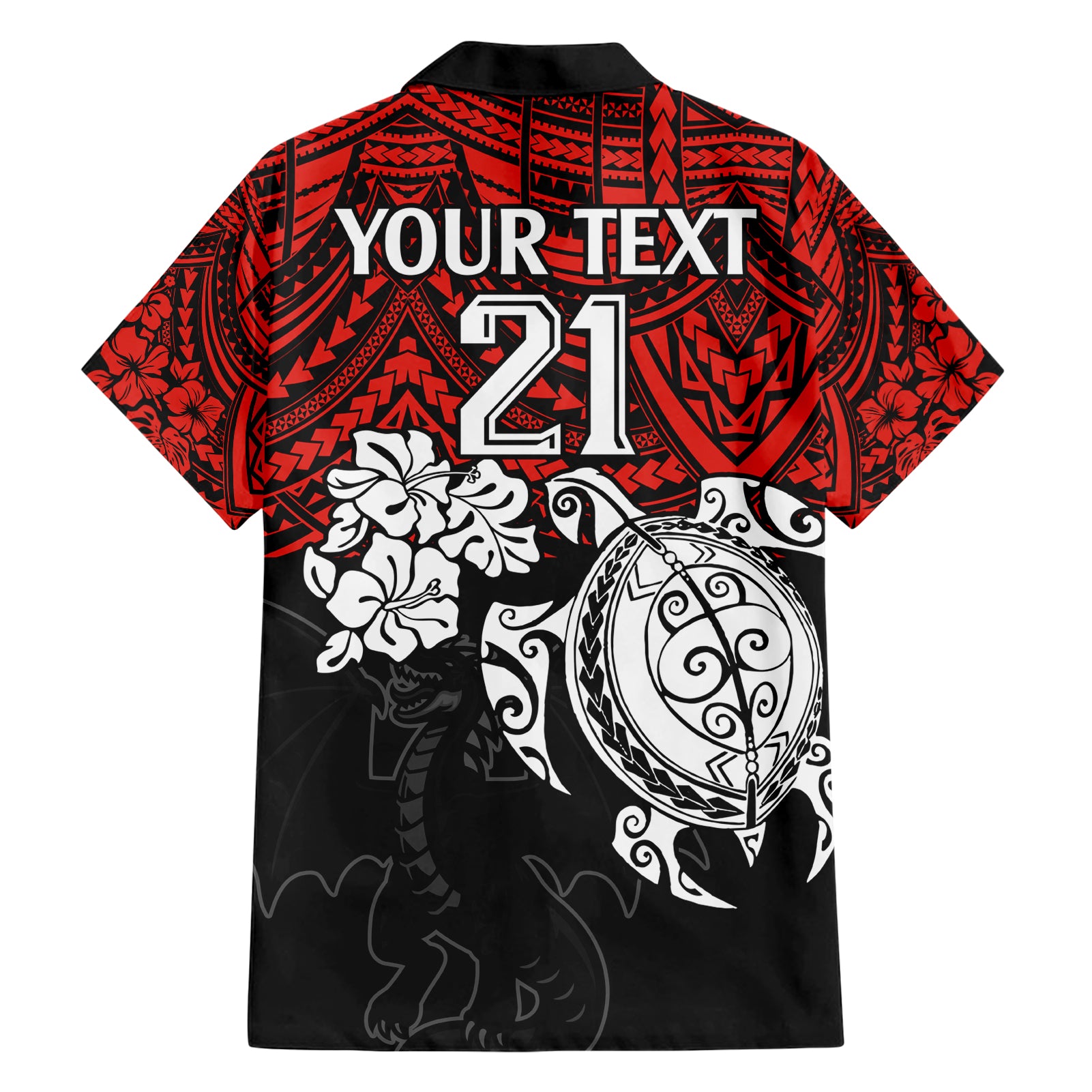 custom-dragons-rugby-family-matching-short-sleeve-bodycon-dress-and-hawaiian-shirt-red-v-hibiscus-and-turtle-with-polynesian-pattern