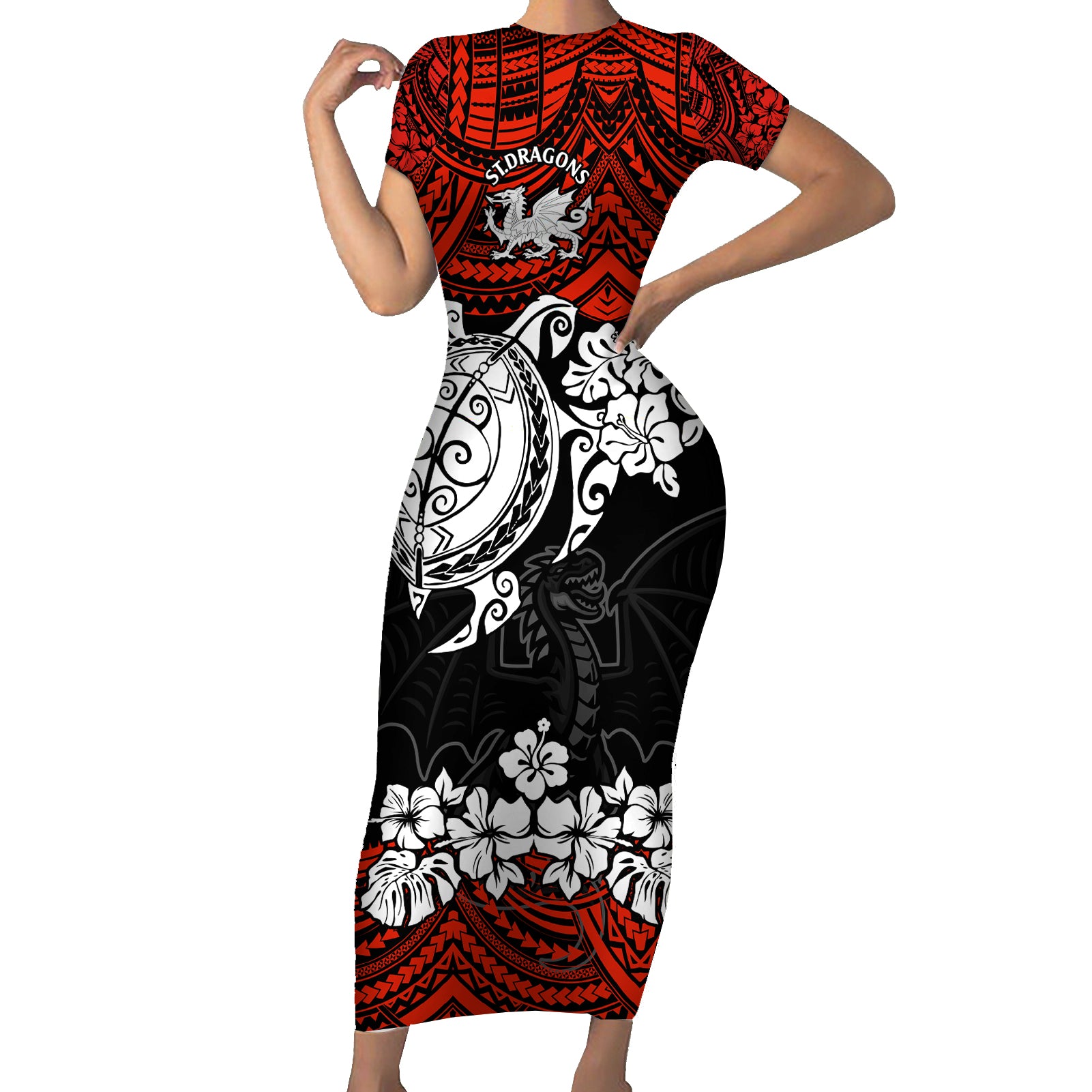 custom-dragons-rugby-family-matching-short-sleeve-bodycon-dress-and-hawaiian-shirt-red-v-hibiscus-and-turtle-with-polynesian-pattern