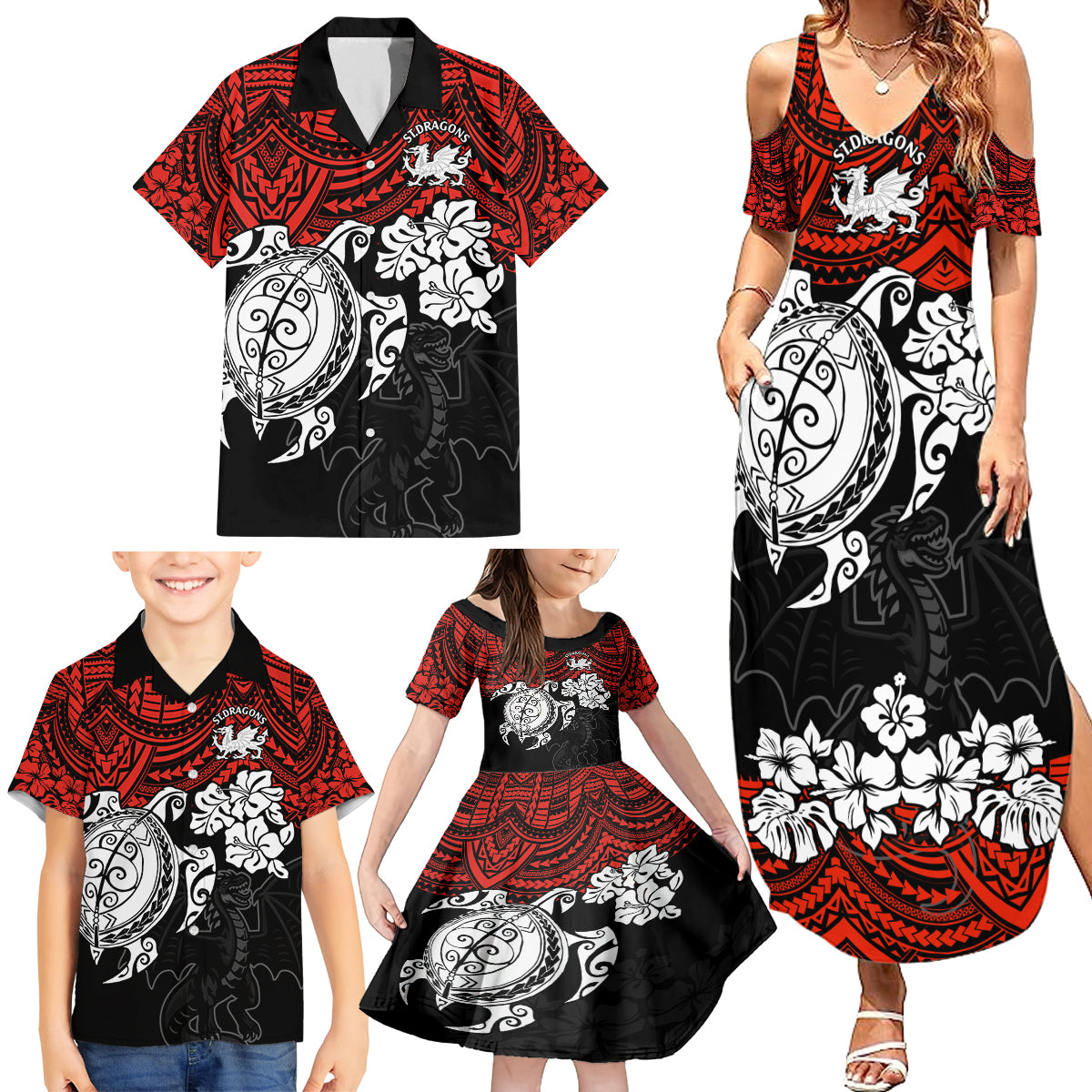 custom-dragons-rugby-family-matching-summer-maxi-dress-and-hawaiian-shirt-red-v-hibiscus-and-turtle-with-polynesian-pattern