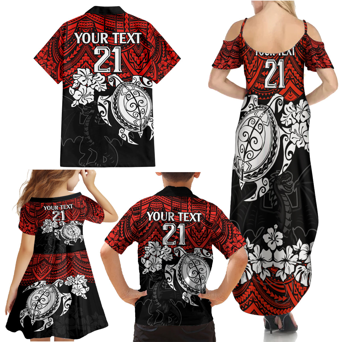 custom-dragons-rugby-family-matching-summer-maxi-dress-and-hawaiian-shirt-red-v-hibiscus-and-turtle-with-polynesian-pattern