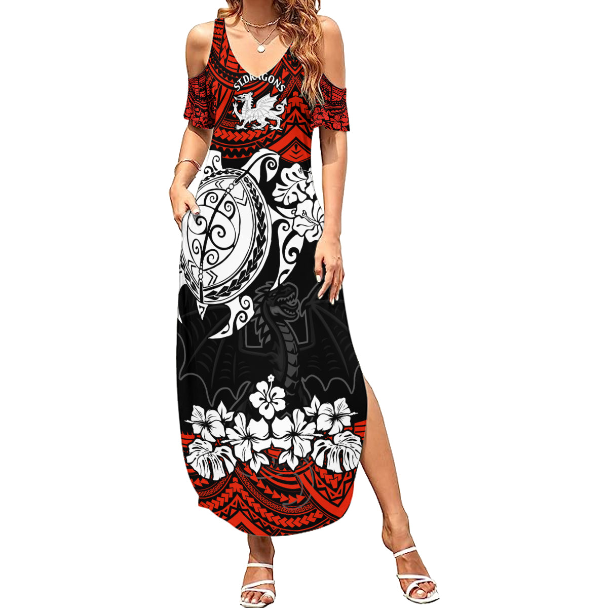 custom-dragons-rugby-family-matching-summer-maxi-dress-and-hawaiian-shirt-red-v-hibiscus-and-turtle-with-polynesian-pattern