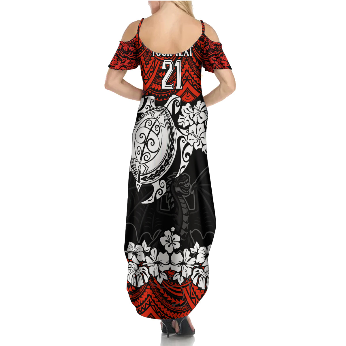 custom-dragons-rugby-family-matching-summer-maxi-dress-and-hawaiian-shirt-red-v-hibiscus-and-turtle-with-polynesian-pattern