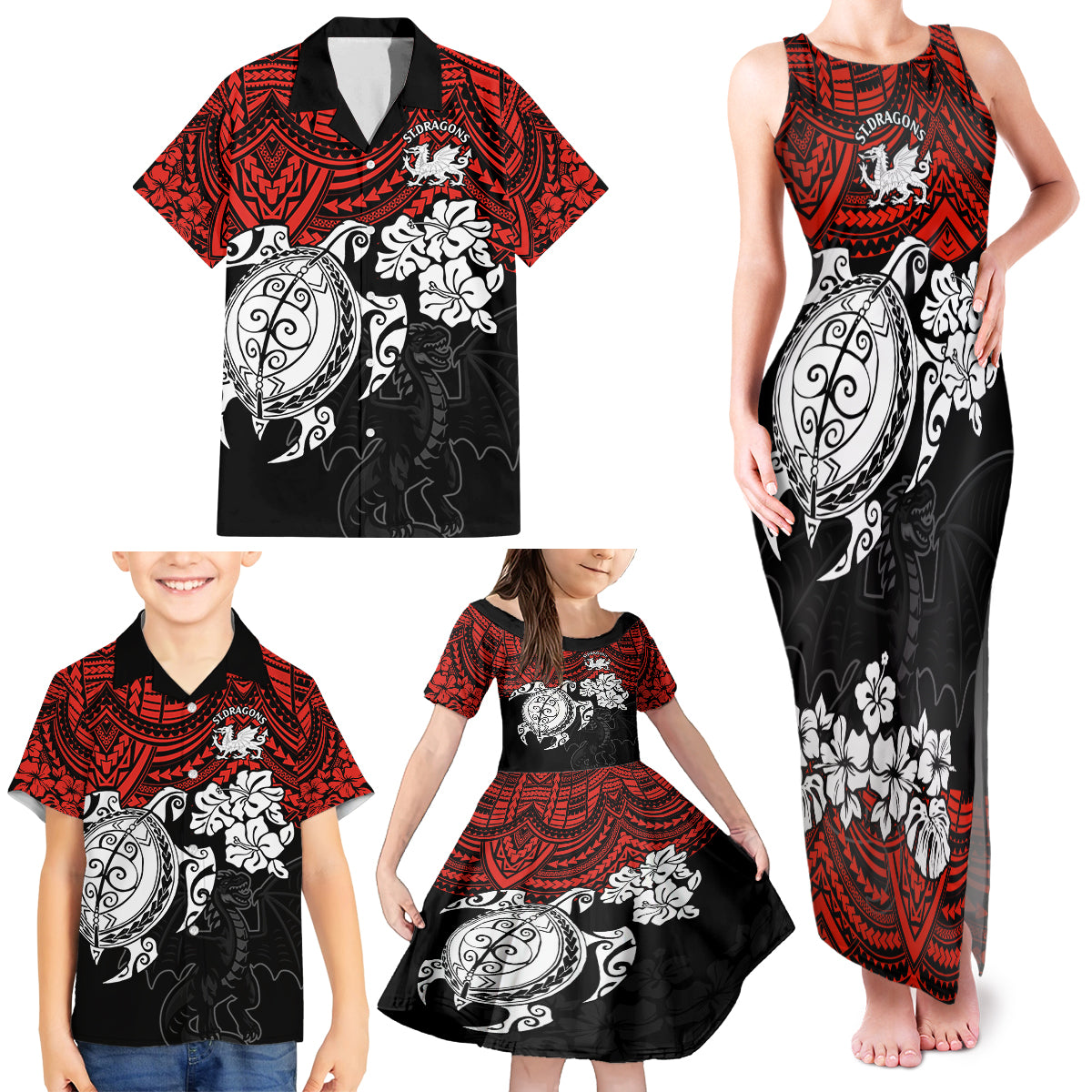 custom-dragons-rugby-family-matching-tank-maxi-dress-and-hawaiian-shirt-red-v-hibiscus-and-turtle-with-polynesian-pattern