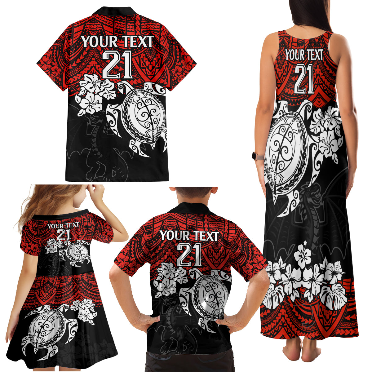 custom-dragons-rugby-family-matching-tank-maxi-dress-and-hawaiian-shirt-red-v-hibiscus-and-turtle-with-polynesian-pattern