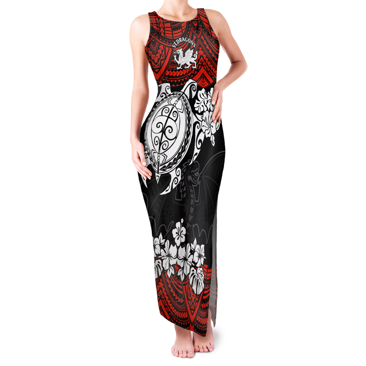 custom-dragons-rugby-family-matching-tank-maxi-dress-and-hawaiian-shirt-red-v-hibiscus-and-turtle-with-polynesian-pattern