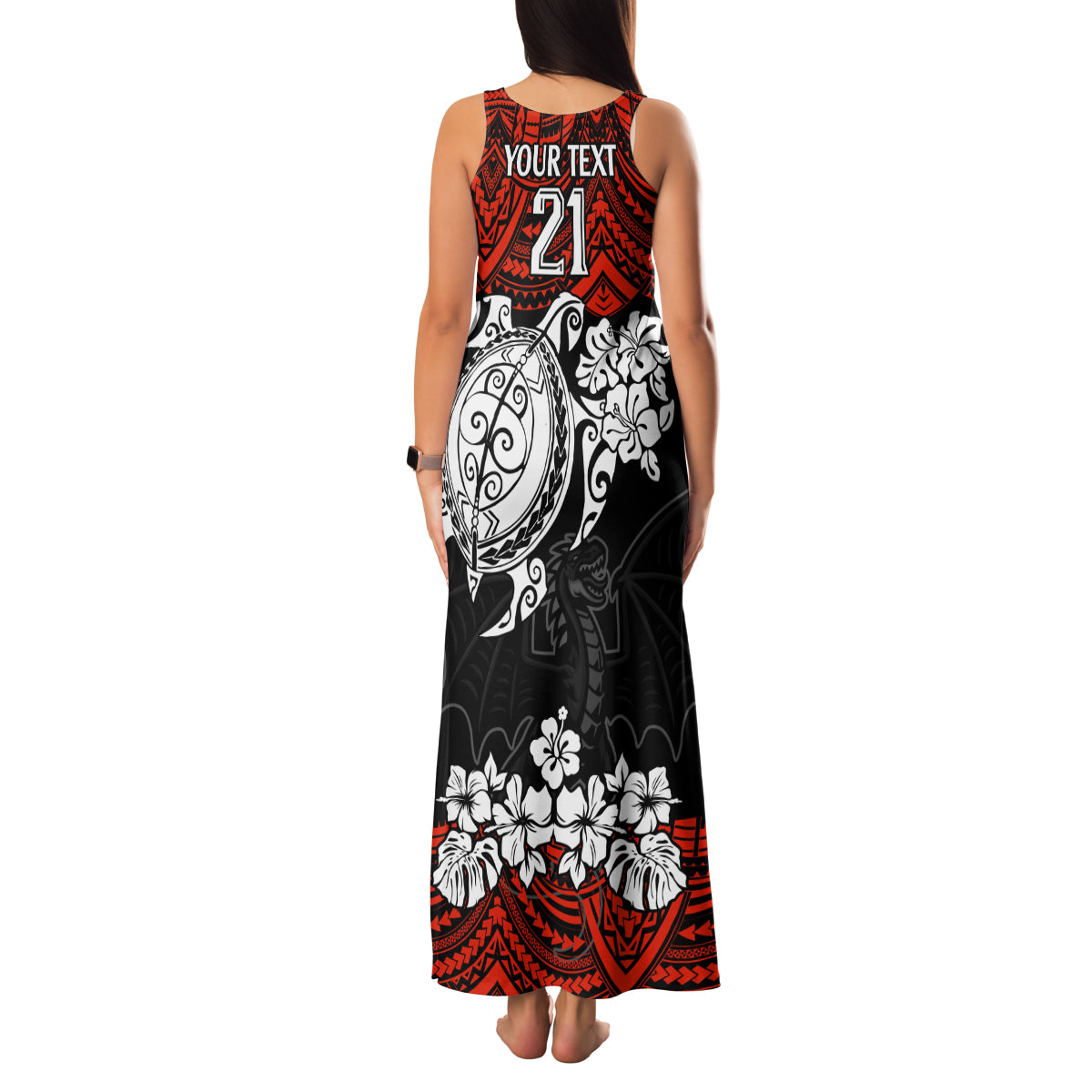 custom-dragons-rugby-family-matching-tank-maxi-dress-and-hawaiian-shirt-red-v-hibiscus-and-turtle-with-polynesian-pattern