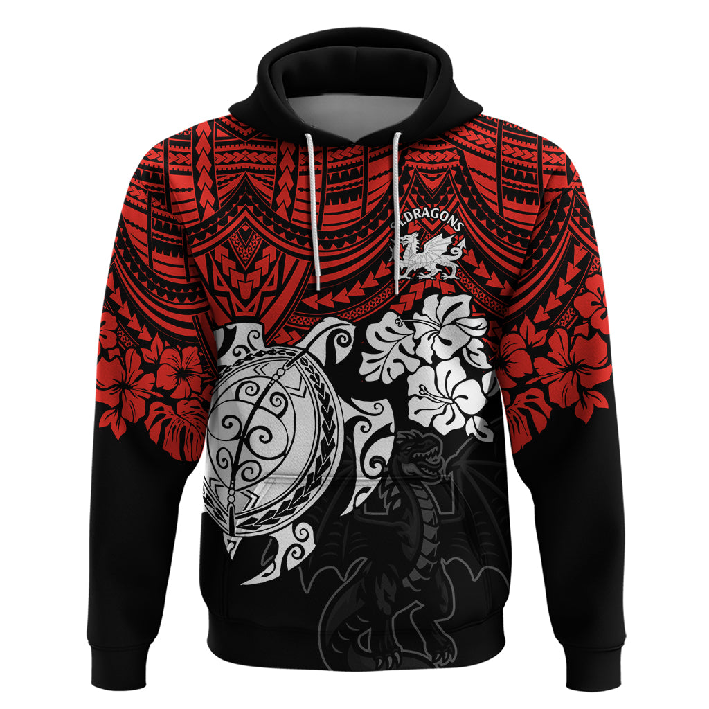 Custom Dragons Rugby Hoodie Red V Hibiscus and Turtle With Polynesian Pattern LT9 - Vibe Hoodie Shop