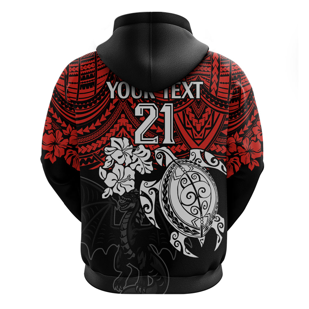 Custom Dragons Rugby Hoodie Red V Hibiscus and Turtle With Polynesian Pattern LT9 - Vibe Hoodie Shop