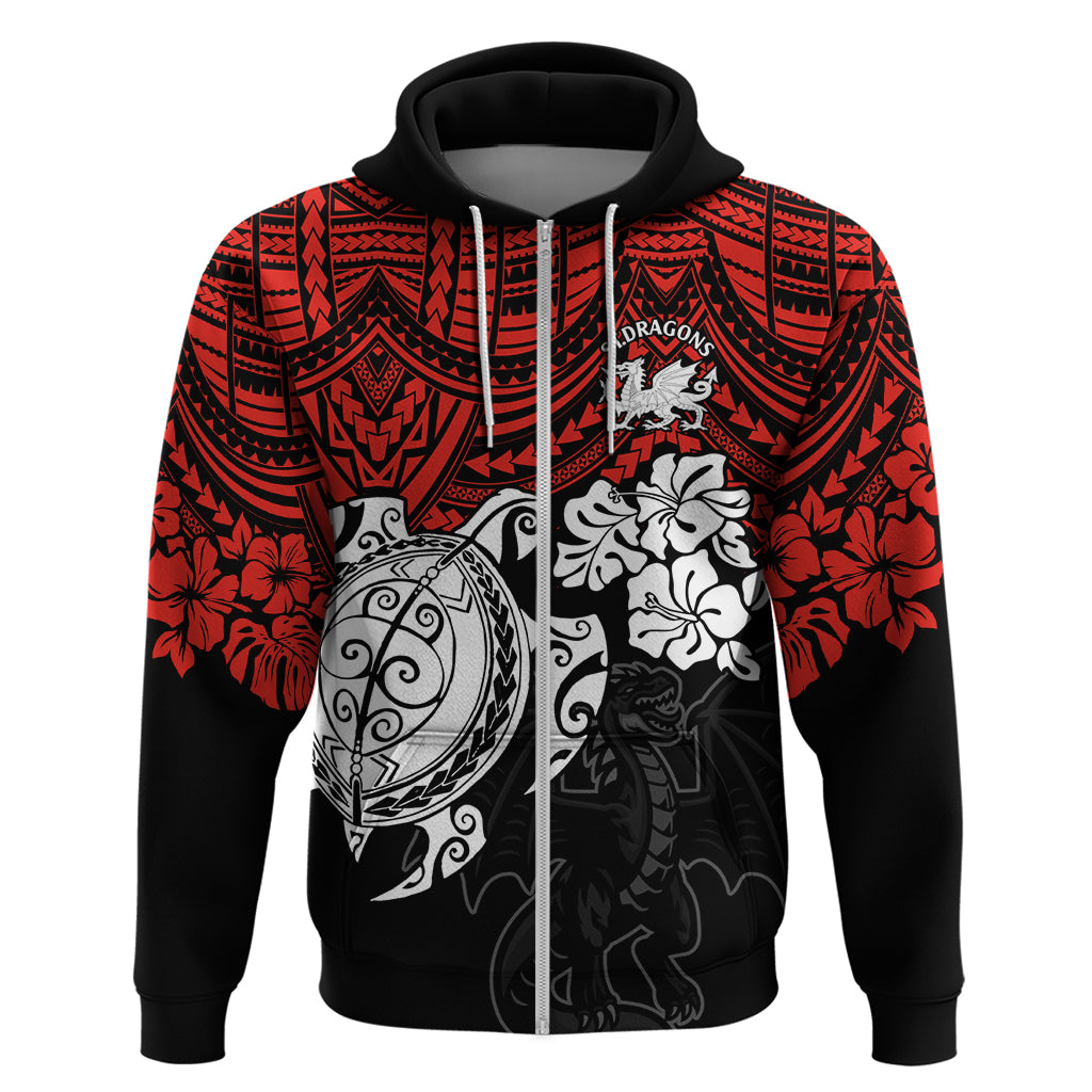 Custom Dragons Rugby Hoodie Red V Hibiscus and Turtle With Polynesian Pattern LT9 - Vibe Hoodie Shop