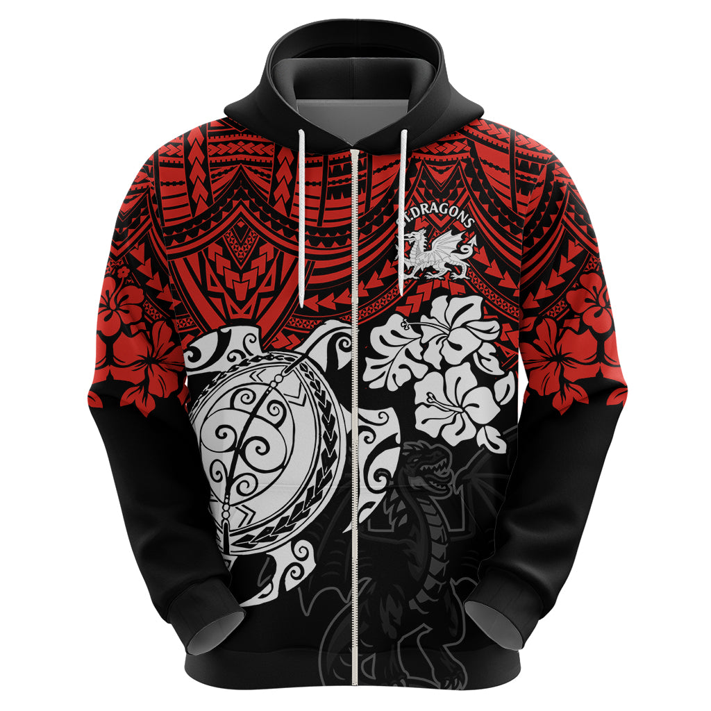 Custom Dragons Rugby Hoodie Red V Hibiscus and Turtle With Polynesian Pattern LT9 - Vibe Hoodie Shop