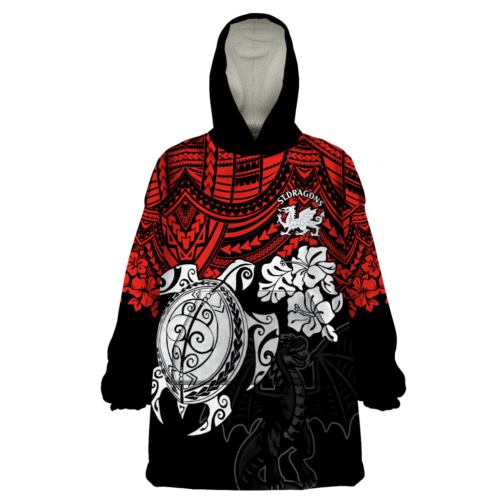 Custom Dragons Rugby Wearable Blanket Hoodie Red V Hibiscus and Turtle With Polynesian Pattern - Vibe Hoodie Shop